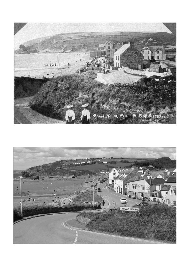 A black and white postcard of Broad Haven taken from the south and showing ladies in late victorian dress.  Below is a photograph taken approximately 150 years later.