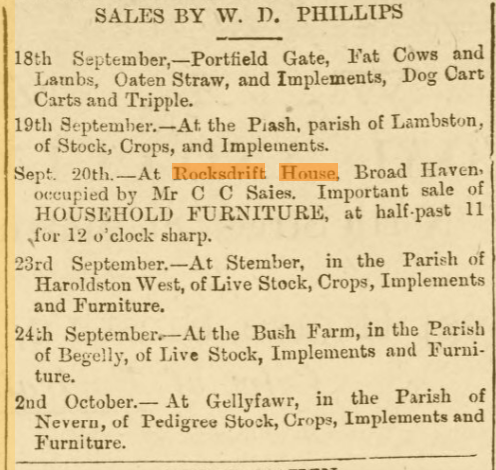 Advertisement of furniture sales – 13th September 1889 
The Pembrokeshire Herald and General Advertiser 
